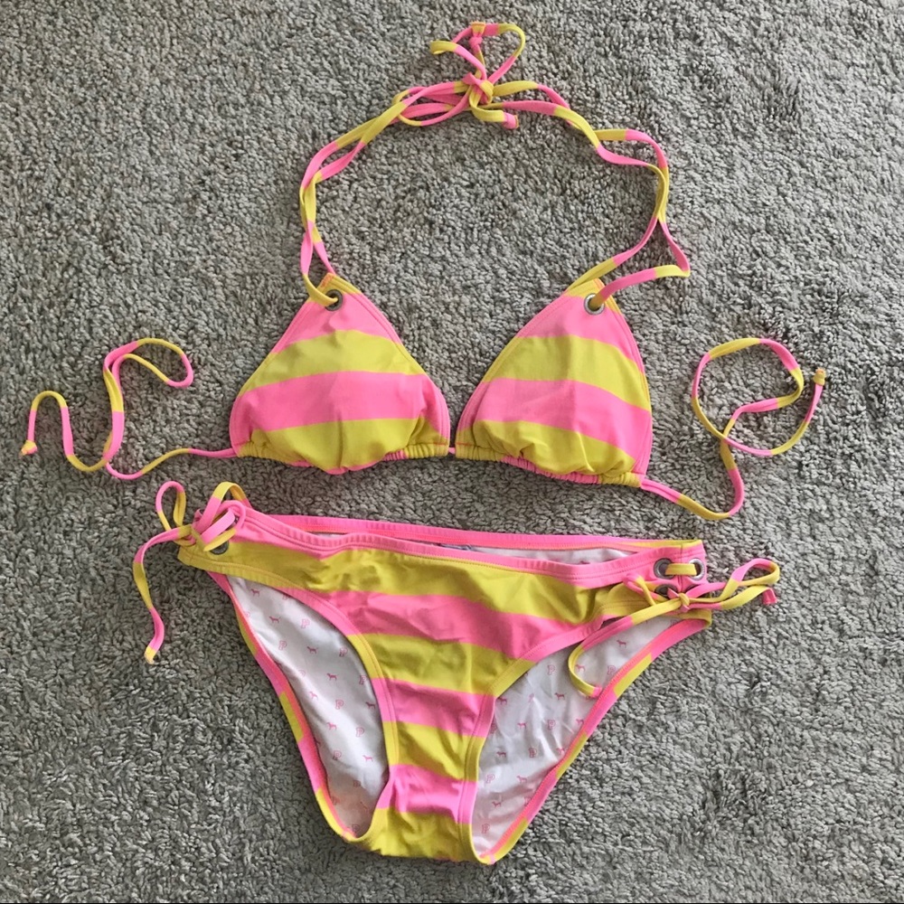 Pink & Yellow Striped Bikini 2 Piece Set
